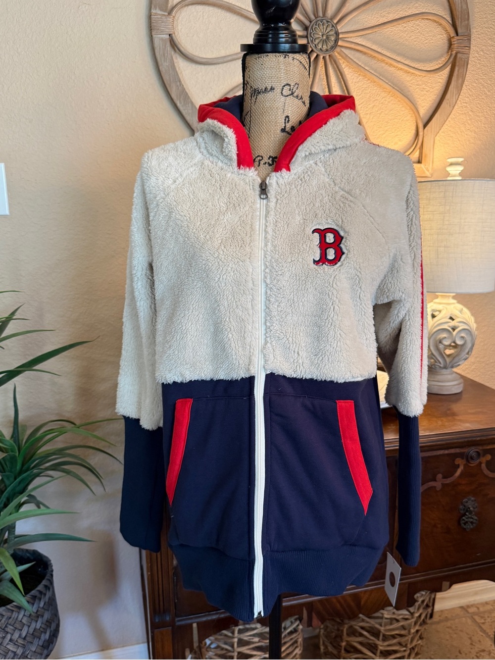 New Boston Red Sox Two-Tone Sherpa Hooded Jacket with Red Trim